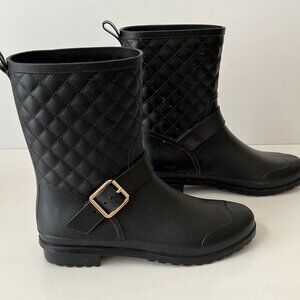 Capelli New York Quilted Mid-Calf Black Rubber Rain Boots with Buckle Women's 8